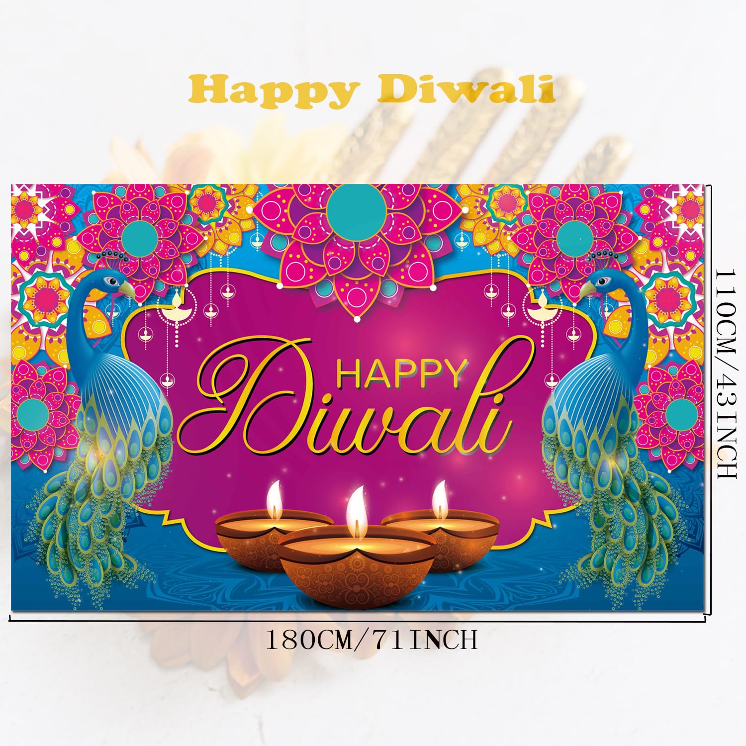 Ansoufien Diwali Decoration Banner, Diwali Decor Backdrop Happy Diwali Banner for Indian Light Celebration Party 71 x 43 Inch