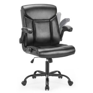 sweetcrispy ergonomic executive office chair: height adjustable pu leather office chair flip-up arms mid back desk chair with wheels computer chair with lumbar support, black