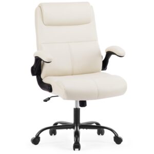 sweetcrispy ergonomic executive office chair: mid back desk chair with wheels computer chair with lumbar support height adjustable pu leather office chair flip up arms, beige white