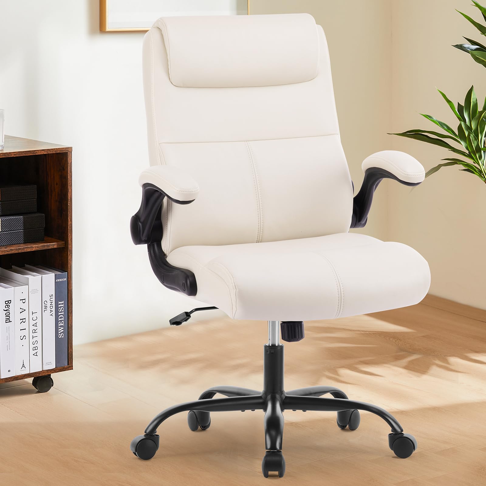 Sweetcrispy Ergonomic Executive Office Chair: Mid Back Desk Chair with Wheels Computer Chair with Lumbar Support Height Adjustable PU Leather Office Chair Flip up Arms, Beige White