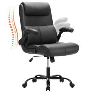 sweetcrispy ergonomic executive office chair: mid back desk chair with wheels computer chair with lumbar support height adjustable pu leather office chair flip up arms, black