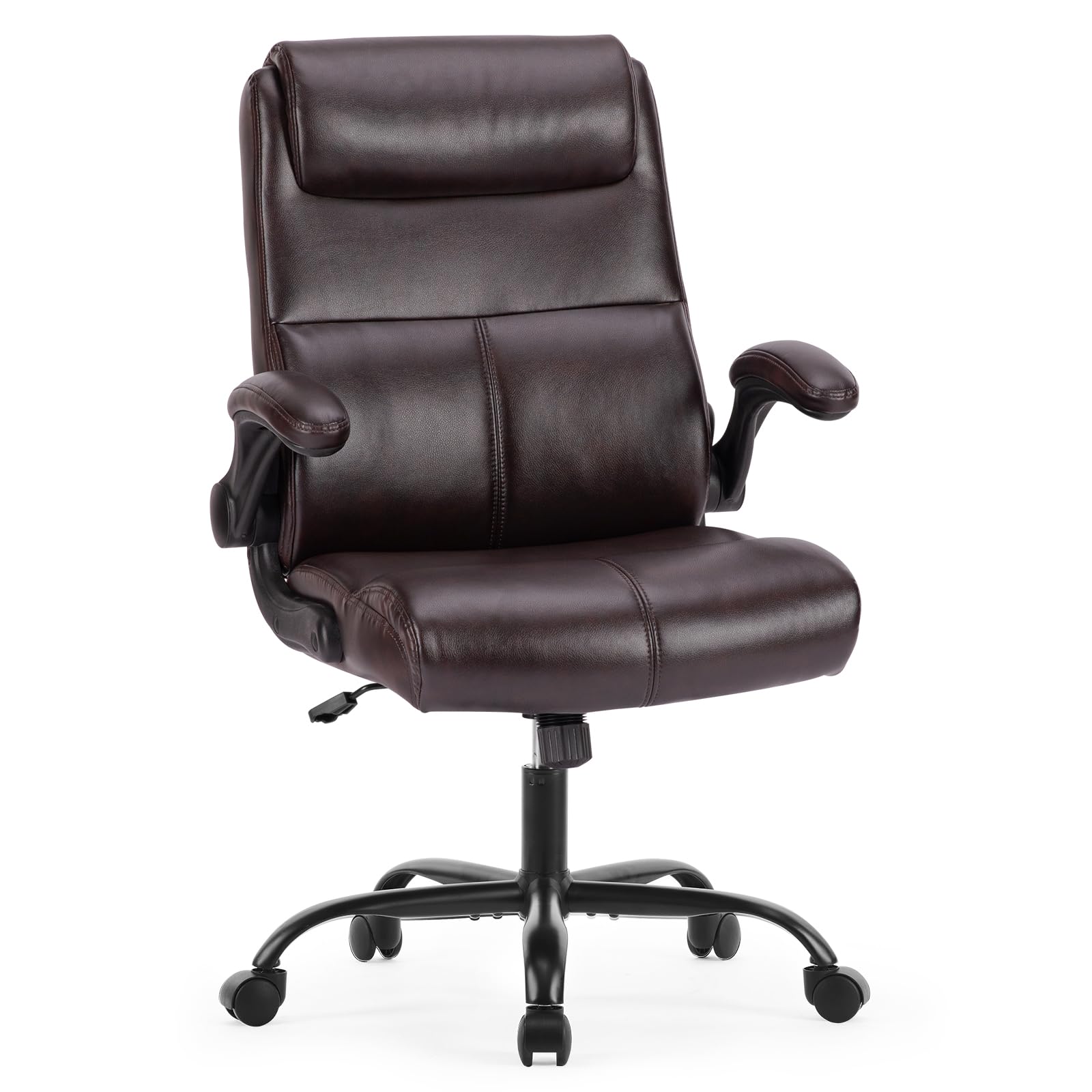 Sweetcrispy Ergonomic Executive Office Chair: Mid Back Desk Chair with Wheels Computer Chair with Lumbar Support Height Adjustable PU Leather Office Chair Flip-up Arms, Brown