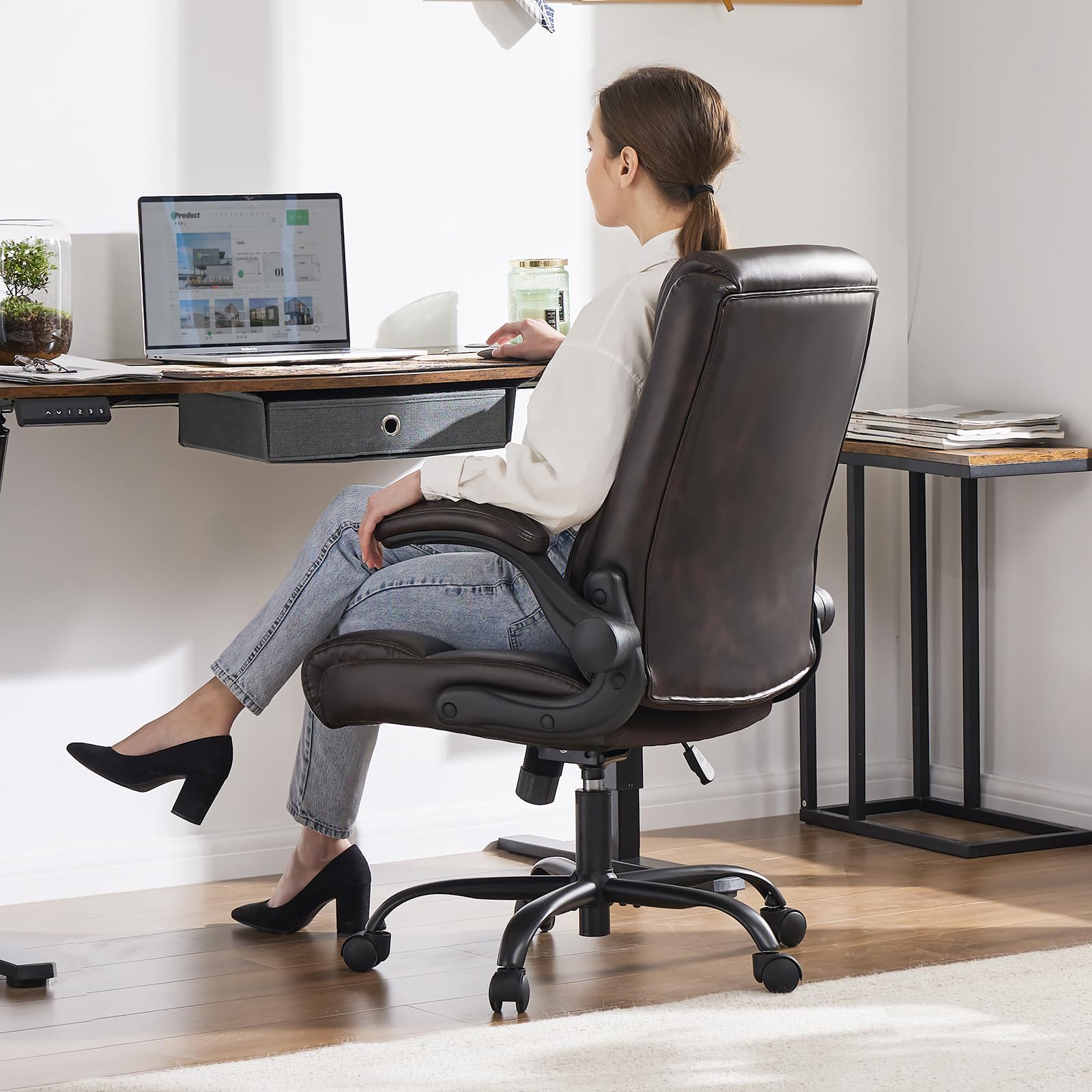 Sweetcrispy Ergonomic Executive Office Chair: Mid Back Desk Chair with Wheels Computer Chair with Lumbar Support Height Adjustable PU Leather Office Chair Flip-up Arms, Brown