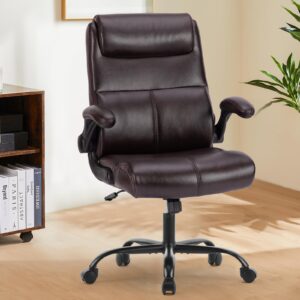 Sweetcrispy Ergonomic Executive Office Chair: Mid Back Desk Chair with Wheels Computer Chair with Lumbar Support Height Adjustable PU Leather Office Chair Flip-up Arms, Brown