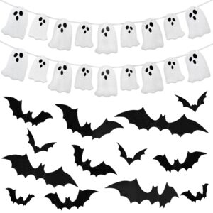 2pack glittery halloween ghost banner with 24pcs 3d scary bat stickers for halloween decoration haunted houses doorways indoor outdoor mantel wall decor