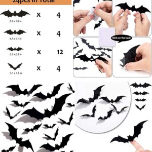 2pack Glittery Halloween Ghost Banner with 24pcs 3D Scary Bat Stickers for Halloween Decoration Haunted Houses Doorways Indoor Outdoor Mantel Wall Decor
