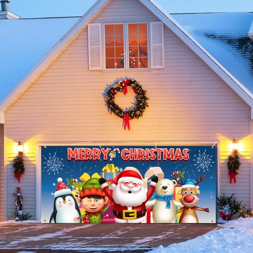 Christmas Garage Door Banner 16 x 7 ft, Merry Christmas Holiday Garage Door Decorations Cover Santa's Reindeer Garage Door Murals Large Backdrop Background for Photo Christmas Party Outdoor Banner