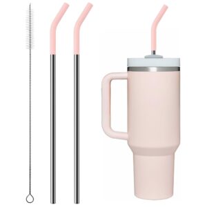 bluwing metal straw with silicone tip for 40oz stanley cup, 2 pcs stainless steel straws replacement for stanley 40 oz 30 oz adventure quencher travel tumbler cup, 1 straw brush (light pink)