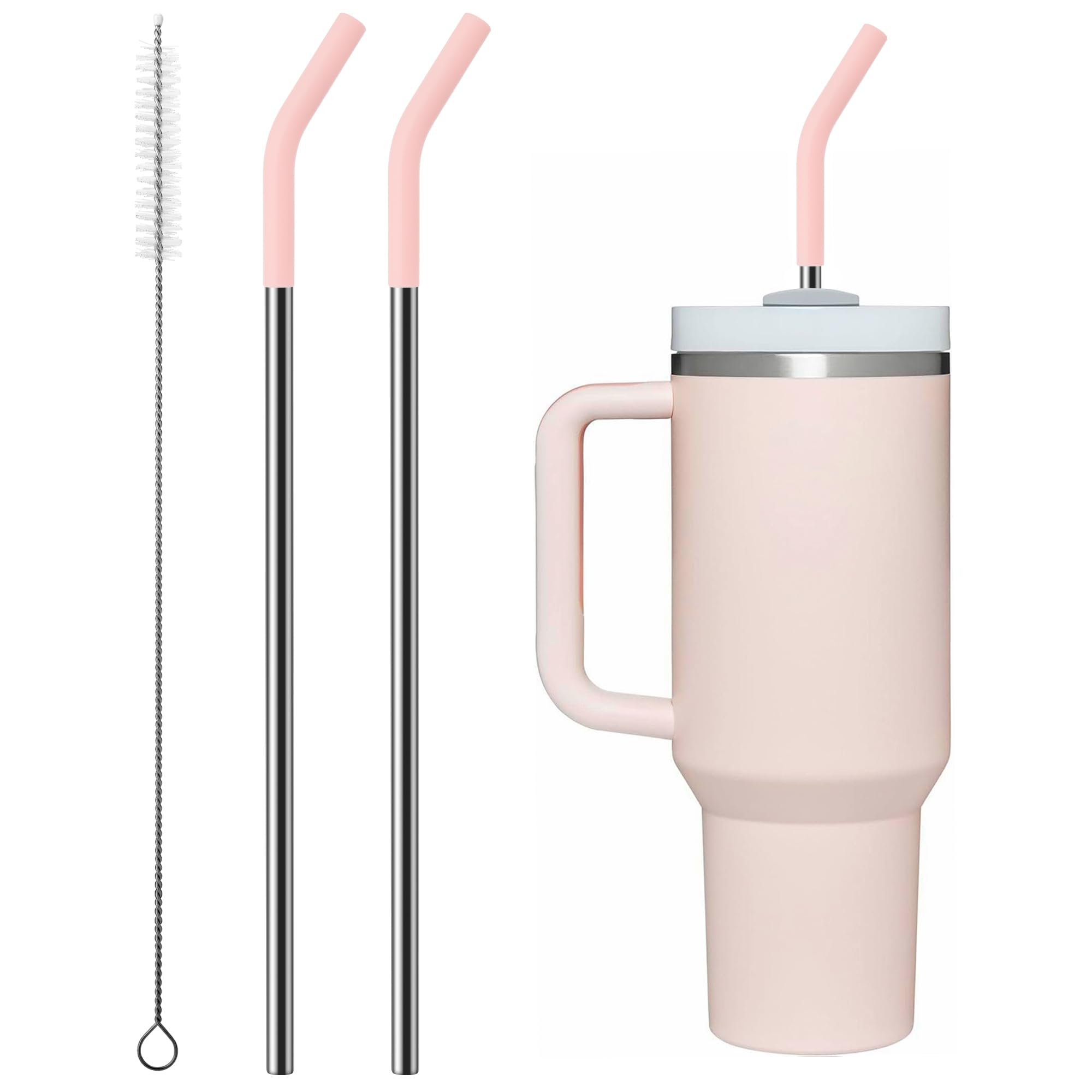 Bluwing Metal Straw with Silicone Tip for 40oz Stanley Cup, 2 Pcs Stainless Steel Straws Replacement for Stanley 40 oz 30 oz Adventure Quencher Travel Tumbler Cup, 1 Straw Brush (Light Pink)