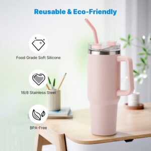 Bluwing Metal Straw with Silicone Tip for 40oz Stanley Cup, 2 Pcs Stainless Steel Straws Replacement for Stanley 40 oz 30 oz Adventure Quencher Travel Tumbler Cup, 1 Straw Brush (Light Pink)