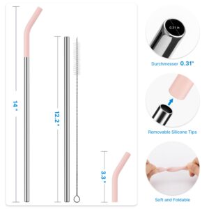 Bluwing Metal Straw with Silicone Tip for 40oz Stanley Cup, 2 Pcs Stainless Steel Straws Replacement for Stanley 40 oz 30 oz Adventure Quencher Travel Tumbler Cup, 1 Straw Brush (Light Pink)