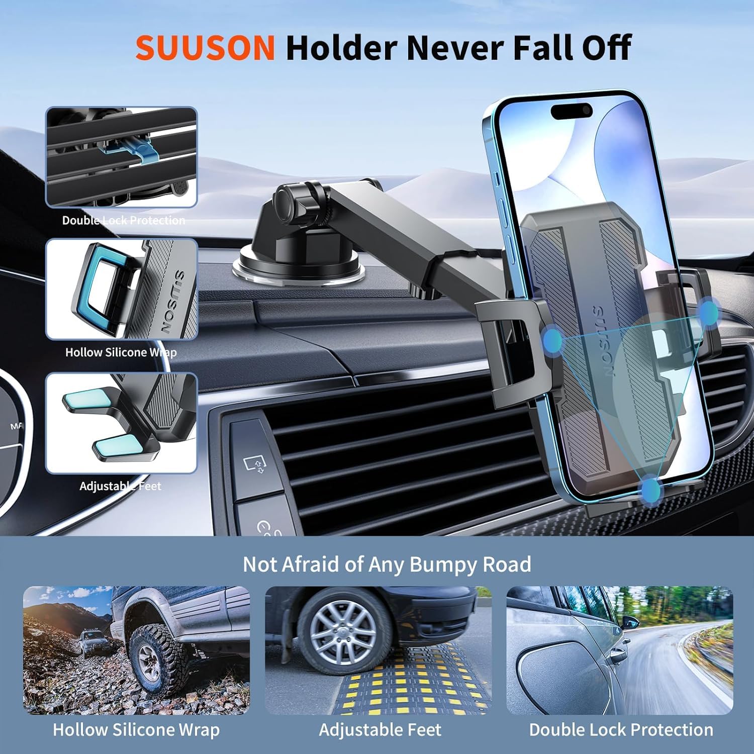 SUUSON Car Phone Holder Mount [Upgraded]-[Bumpy Roads Friendly] Phone Mount for Car Dashboard Windshield Air Vent 3 in 1,Hand Free Mount for iPhone 15 14 13 Pro Max Samsung All Cell Phones (Black)
