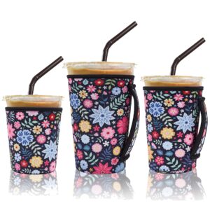 3 pack iced coffee sleeve insulator sleeves for cold drinks beverages reusable neoprene cup sleeve with handle cup holder for starbucks coffee, dunkin coffee, more (black flower)