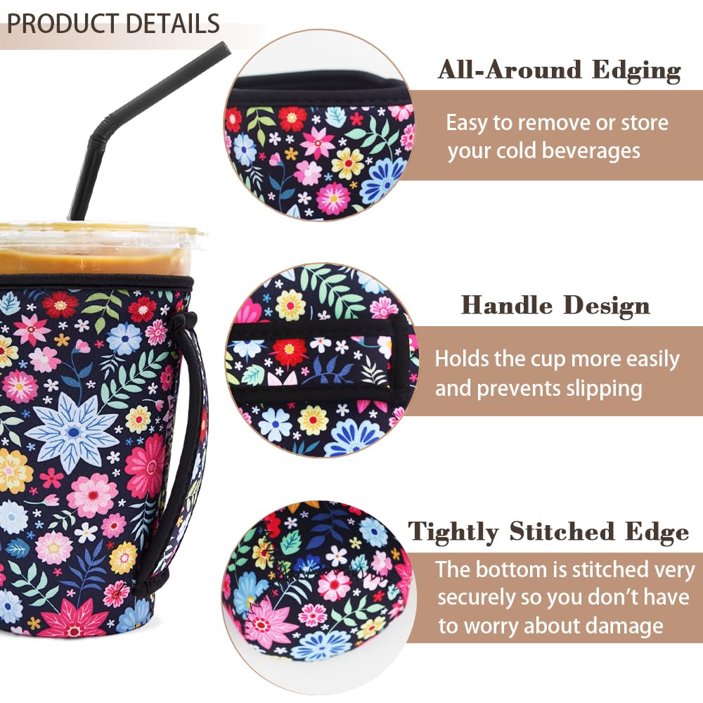 3 Pack Iced Coffee Sleeve Insulator Sleeves for Cold Drinks Beverages Reusable Neoprene Cup Sleeve with Handle Cup Holder for Starbucks Coffee, Dunkin Coffee, More (Black flower)