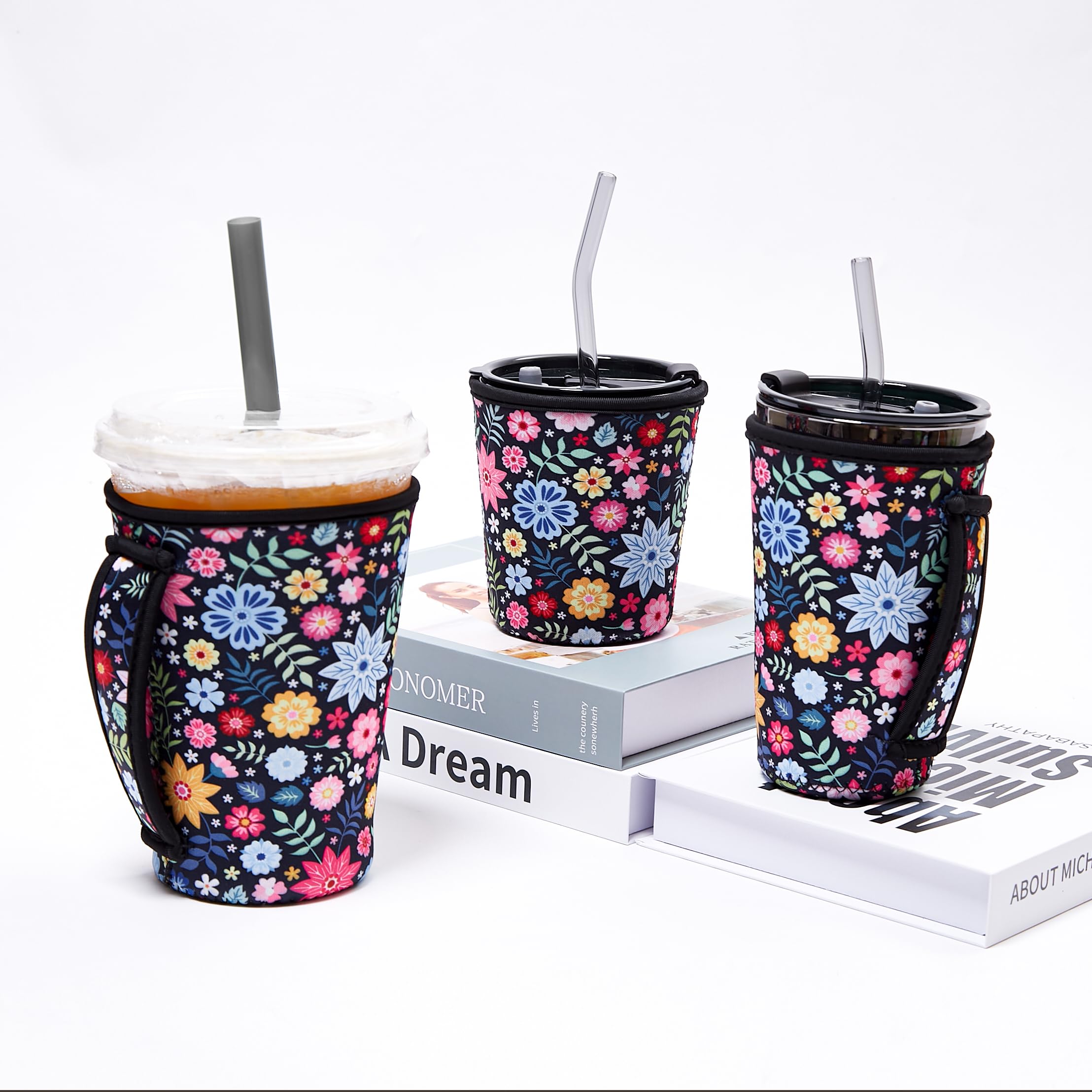 3 Pack Iced Coffee Sleeve Insulator Sleeves for Cold Drinks Beverages Reusable Neoprene Cup Sleeve with Handle Cup Holder for Starbucks Coffee, Dunkin Coffee, More (Black flower)