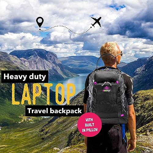 Large Heavy Duty Laptop Travel Backpack for Men and Women Bulit-in 1 Travel Neck Pillow - Airline Approved 18 inch Laptop Backpack - Ballistic Backpack Nylon Water Resistant and USB Port (No Battery)