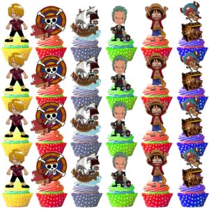 48Pcs Cupcake Toppers for One Piece, Anime Birthday Party Supplies Anime Theme Party Cake Decorations