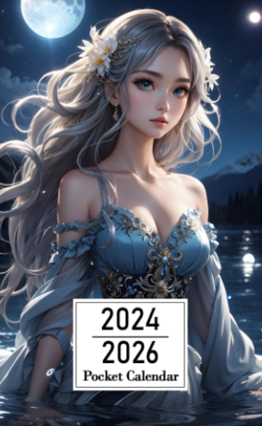 Pocket Calendar 2024-2026: Two-Year Monthly Planner for Purse , 36 Months from January 2024 to December 2026 | Anime girl | Shimmering moonlit lake | Celestial gown