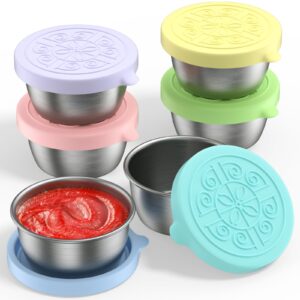 6 pack salad dressing container to go, 1.7oz/50ml small containers with lids,fits in bento lunch box, leakproof dipping reusable sauce containers, stainless steel condiment cup of premium silicone