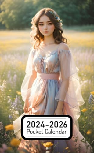 Pocket Calendar 2024-2026: Two-Year Monthly Planner for Purse , 36 Months from January 2024 to December 2026 | Slavic girl portrait | Pastel organza gown | Sun-drenched field of wildflowers