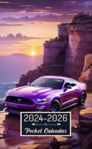 pocket calendar 2024-2026: two-year monthly planner for purse , 36 months from january 2024 to december 2026 | ford mustang | cliff sunset cartoon style