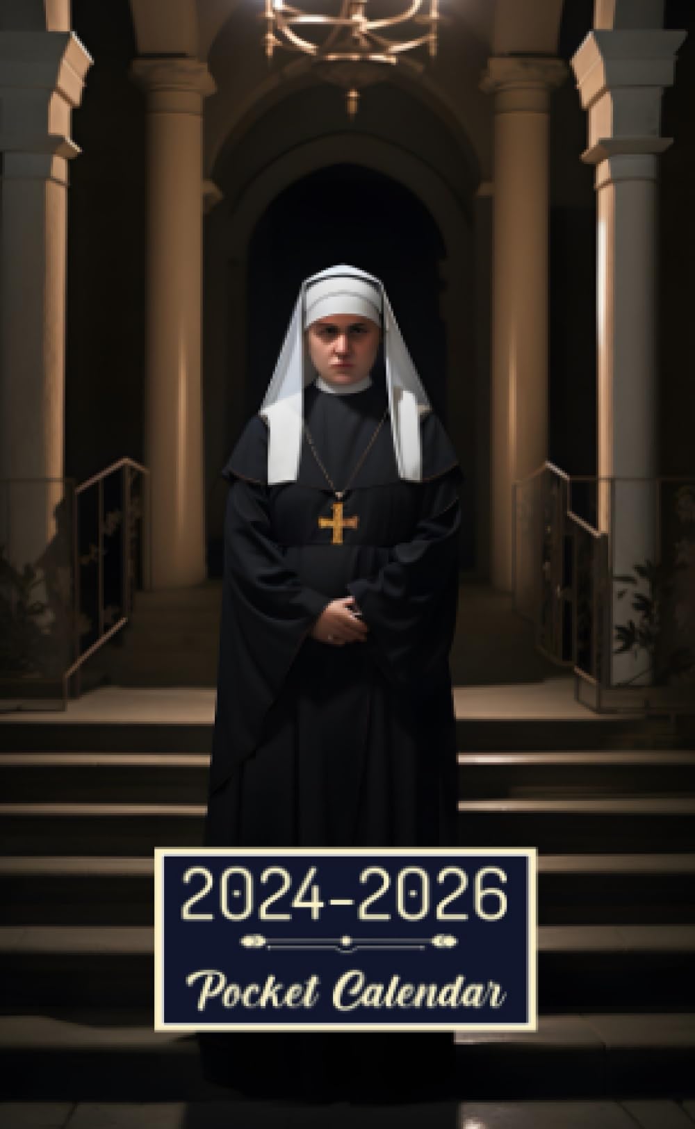 Pocket Calendar 2024-2026: Two-Year Monthly Planner for Purse , 36 Months from January 2024 to December 2026 | Nun | Bloodshot eyes | Face of hatred | Large staircase | Monastery entrance