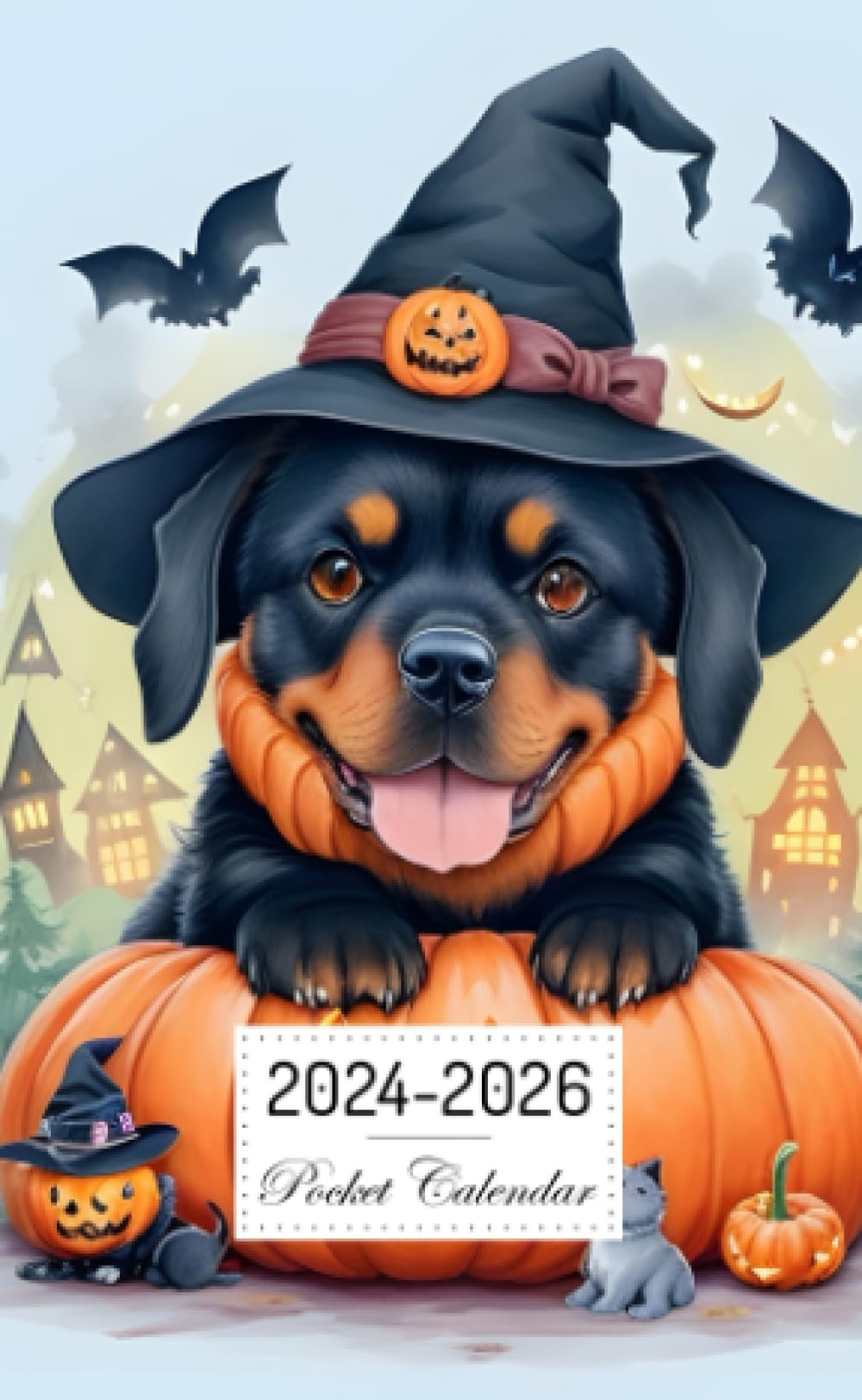 Pocket Calendar 2024-2026: Two-Year Monthly Planner for Purse , 36 Months from January 2024 to December 2026 | Rottweiler puppy illustration | ... Witch's hat | Haunted house | Cartoon design