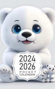 pocket calendar 2024-2026: two-year monthly planner for purse , 36 months from january 2024 to december 2026 | hand-drawn furry baby polar bear | chibi style eyes