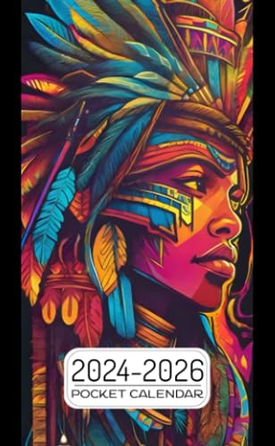 Pocket Calendar 2024-2026: Two-Year Monthly Planner for Purse , 36 Months from January 2024 to December 2026 | Vector art | Indigenous woman with headdress | Solarpunk