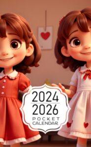 pocket calendar 2024-2026: two-year monthly planner for purse , 36 months from january 2024 to december 2026 | little girl | red and white pinapo dress | waving hand | smiling