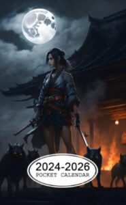 pocket calendar 2024-2026: two-year monthly planner for purse , 36 months from january 2024 to december 2026 | anime samurai woman | burning building | werewolves | full moon