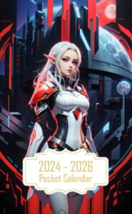 pocket calendar 2024-2026: two-year monthly planner for purse , 36 months from january 2024 to december 2026 | fantasy character logo | enchanting female elf | cyberpunk buildings