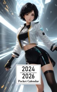 pocket calendar 2024-2026: two-year monthly planner for purse , 36 months from january 2024 to december 2026 | anime girl | short black hair | light ... colored clothing | holographic illustration