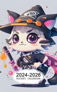 pocket calendar 2024-2026: two-year monthly planner for purse , 36 months from january 2024 to december 2026 | samurai cat | witch hat | illustration ... colors | adobe illustrator | detailed face