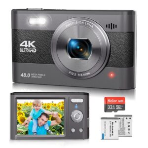 4k digital camera, 48mp vlogging camera for photography youtube compact travel camera with flash,18x digital zoom, anti shake 32g sd card and 2 batteries