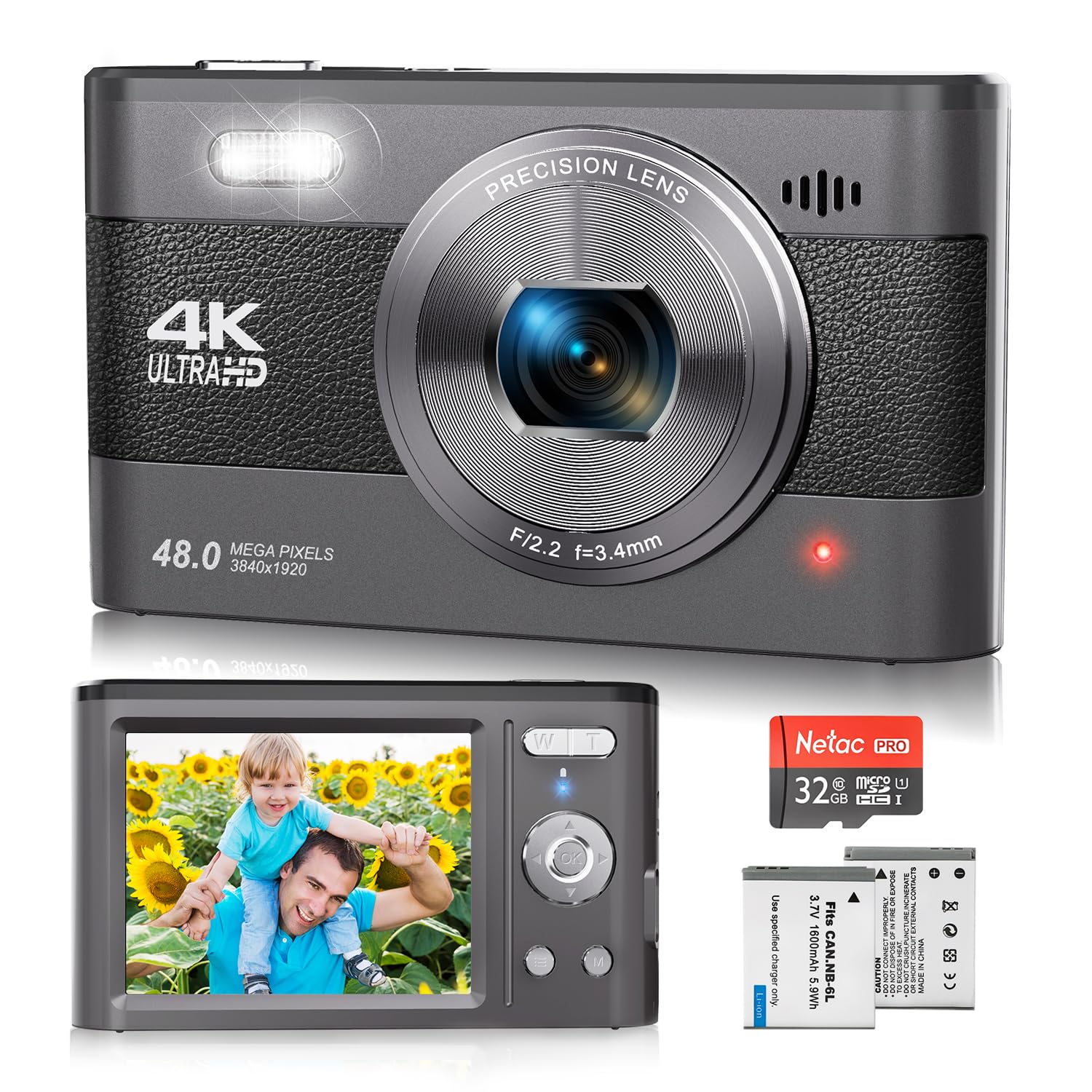 4K Digital Camera, 48MP Vlogging Camera for Photography YouTube Compact Travel Camera with Flash,18X Digital Zoom, Anti Shake 32G SD Card and 2 Batteries