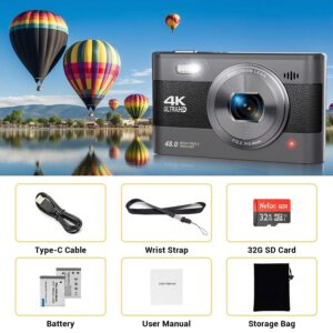 4K Digital Camera, 48MP Vlogging Camera for Photography YouTube Compact Travel Camera with Flash,18X Digital Zoom, Anti Shake 32G SD Card and 2 Batteries