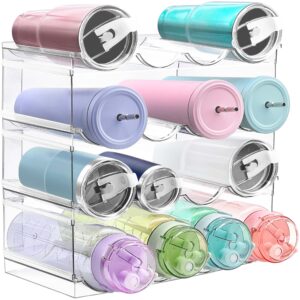 4 pack water bottle organizer, large compartment stackable kitchen pantry organization and storage rack, plastic water bottle holder for kitchen cabinet organizer and storage, tumbler mug cup shelf