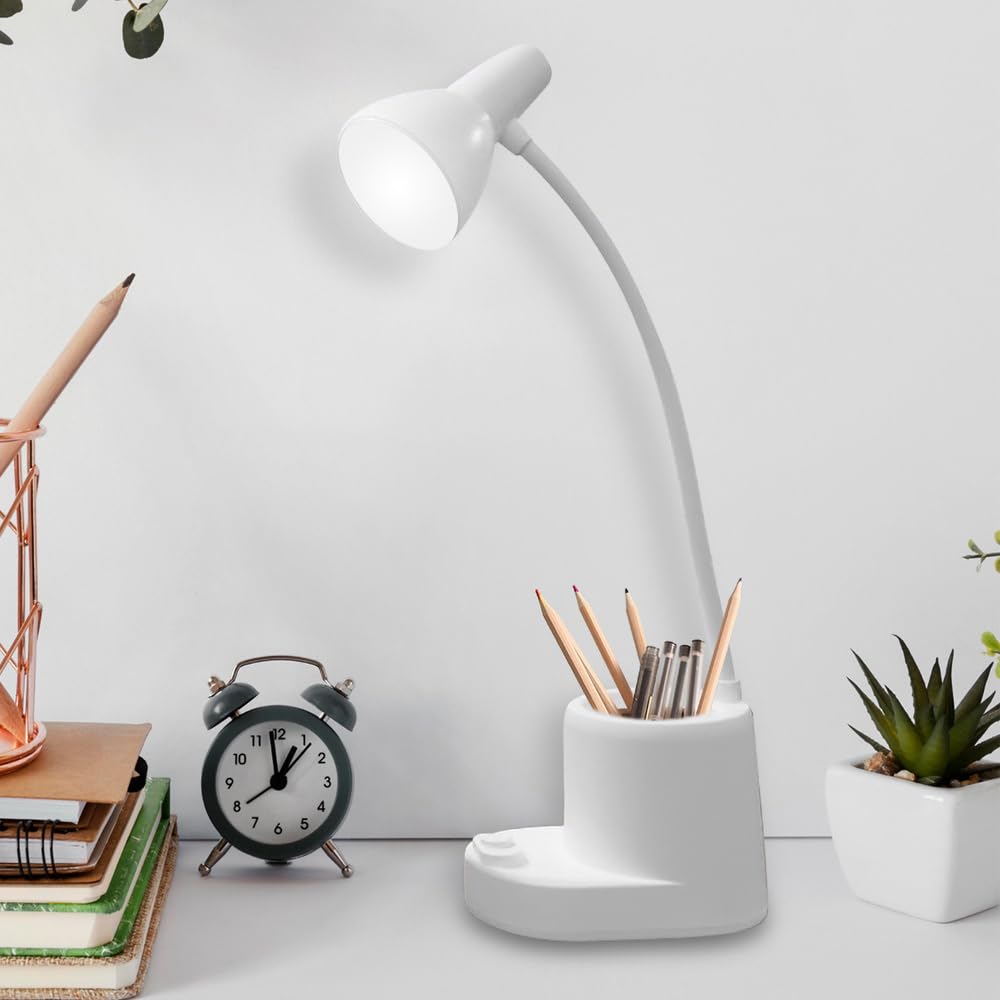 Desk Lamps for Home Office,White Desk lamp,kids battery lamps for tables,Cute pen holder for desk,360° Rotating Hose,Adjust The Angle of Light Source at Will,Kids Lamps for bedrooms Girls,Small Lamps