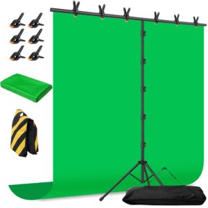 green screen backdrop with stand, 8x7.2ft portable greenscreen background with stand, t-shape green screen stand kit with 6 spring clamps, sandbag, carry bag for zoom, video, streaming and photoshoot