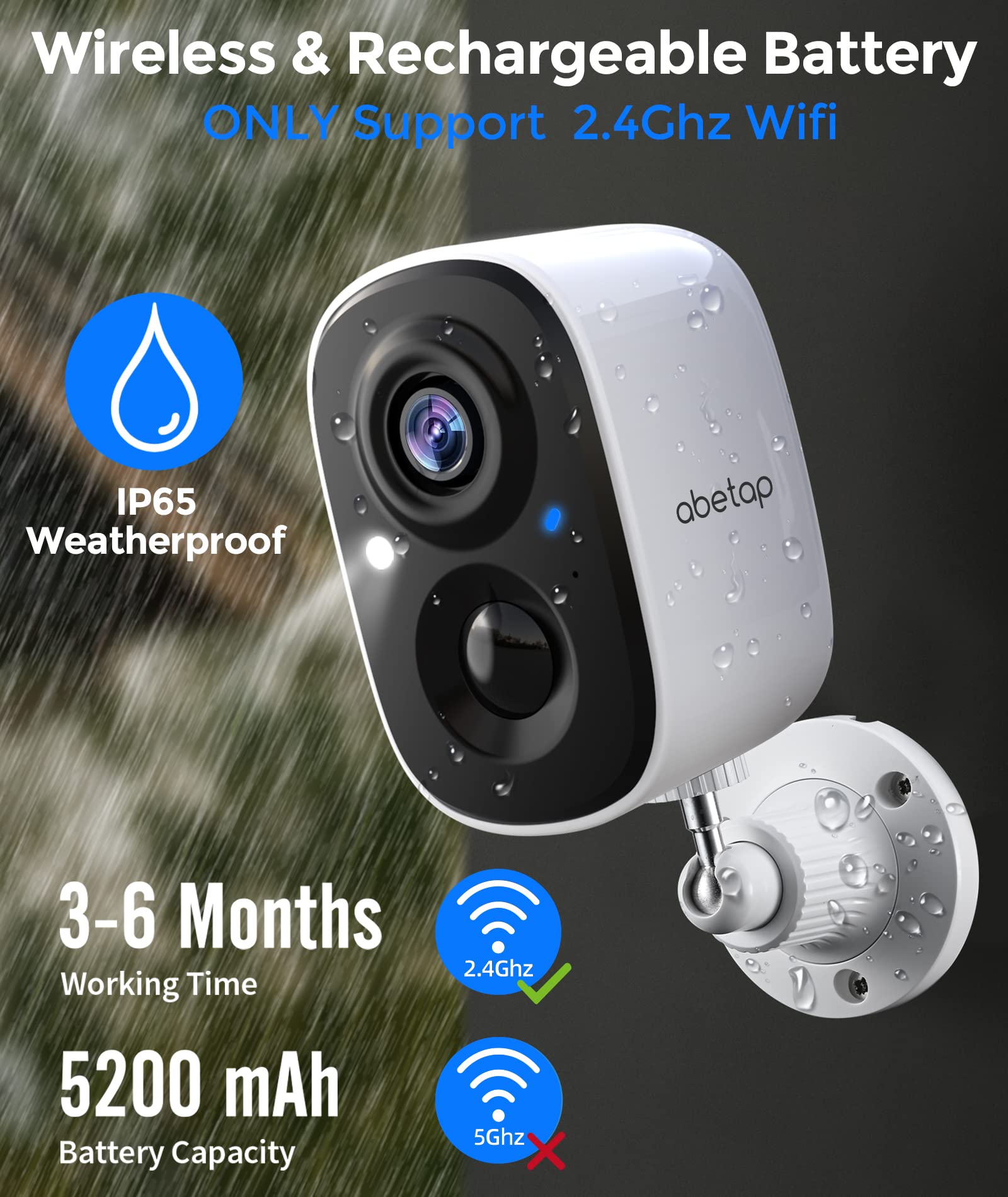 abetap Wireless Security Camera - Outdoor WiFi Security Cameras w/Color Night Vision, AI/PIR Detection, 2-Way Talk, Cloud/SD, Weatherproof, Battery Powered Outdoor Cameras for Home Security Outside