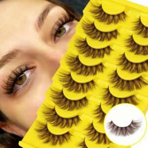 ALICE Brown Lashes False Lashes Natural Look Eyelashes Cat Eye Faux Mink Lashes with Clear Band Wispy Fake Eyelashes Lash Strips 8 Pairs