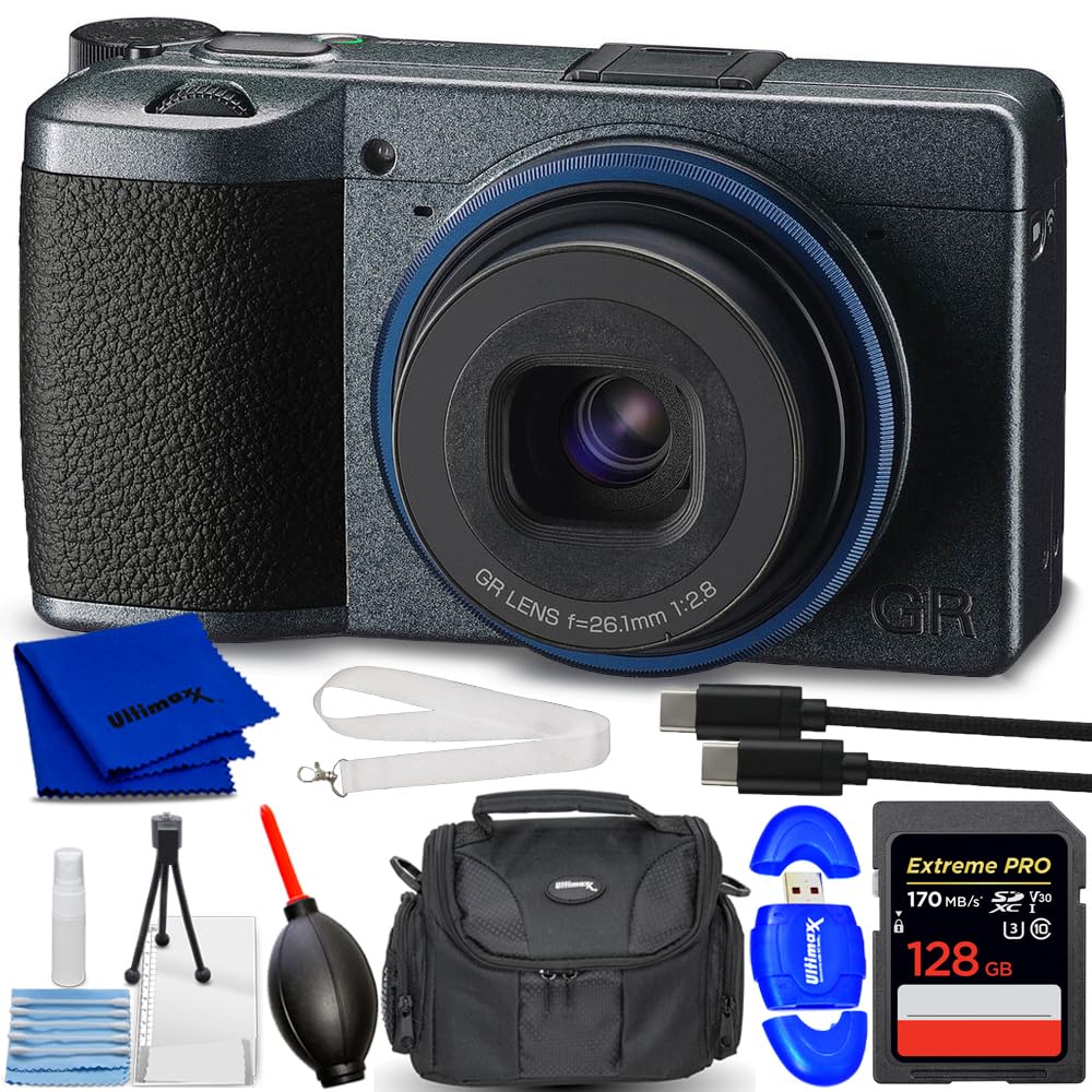 Ricoh GR IIIx Urban Edition Digital Camera Accessory Bundle Includes: Extreme Pro 128GB SD, Card Reader, HDMI Cable, Strap, Gadget Bag, Blower. Microfiber Cloth and Cleaning Kit (Renewed)