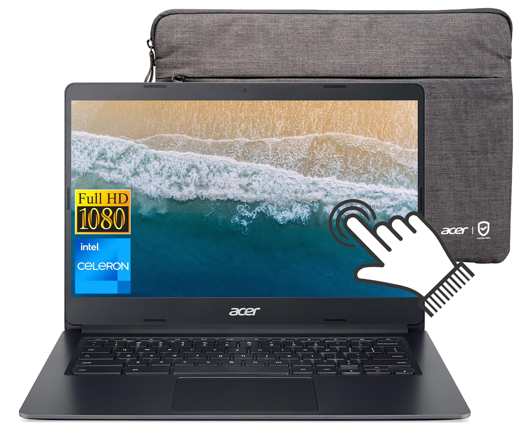 Acer 14" FHD Touchscreen Chromebook Laptop, Dual-Core Intel Celeron N4020, 4GB LPDDR4 RAM, 64GB eMMC Storage, Up to 12.5hrs Battery Life, WiFi, USB-C, Webcam, Chrome OS, w/CUE Accessories