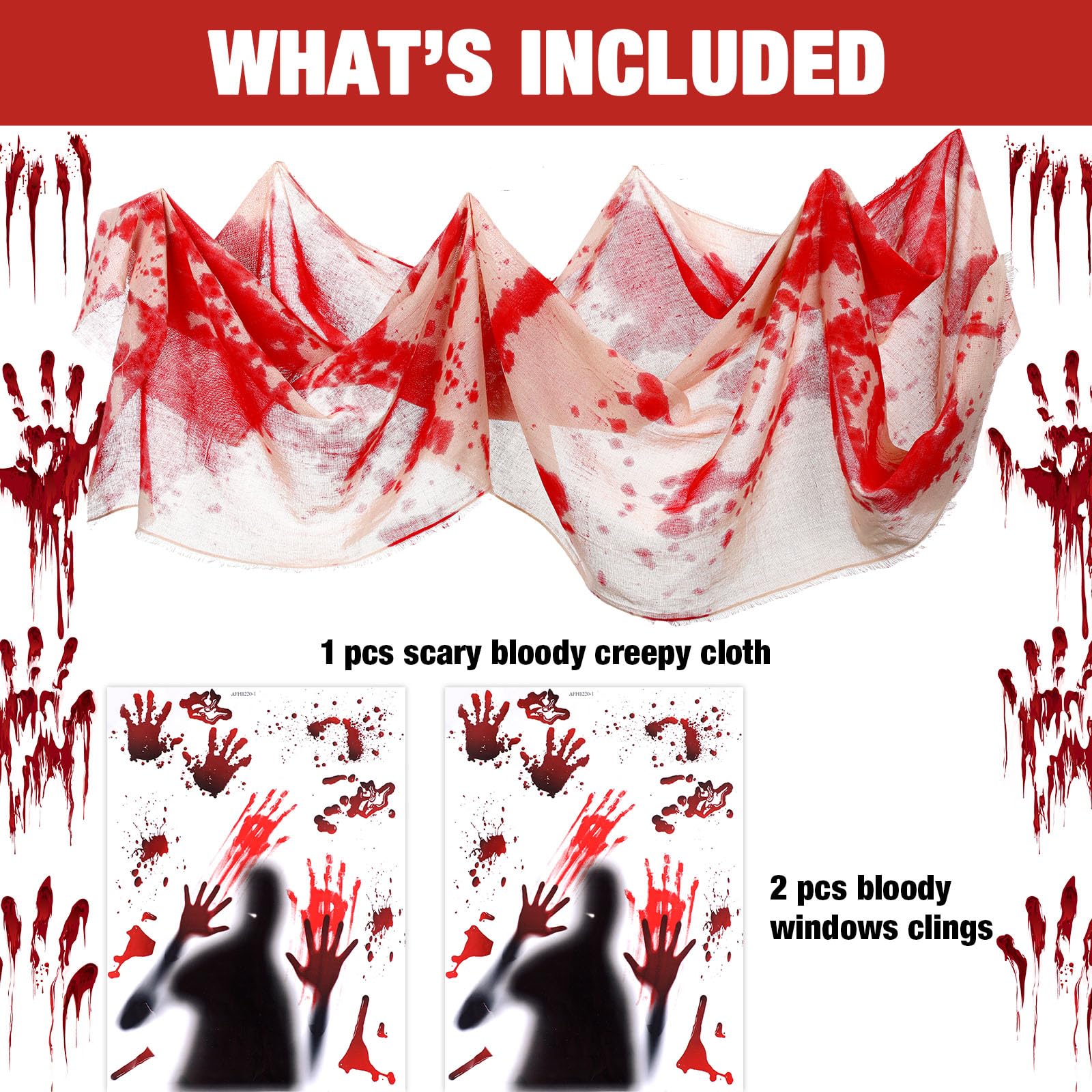 Barydat 50 Pcs Bloody Halloween Party Decorations Set Halloween Bloody Garland Banner Windows Stickers Creepy Cloth Scary Latex Balloons for Halloween Bloody Theme Indoor Outdoor Decoration Supplies