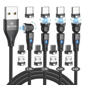 rettops 540°, 7 pin rotation usb magnetic charging cable, 3 in 1 charger [4-pack, 3ft/3ft/6ft/6ft] 3a fast charging cable support data transfer magnetic charger cable for iphone/micro usb/type c