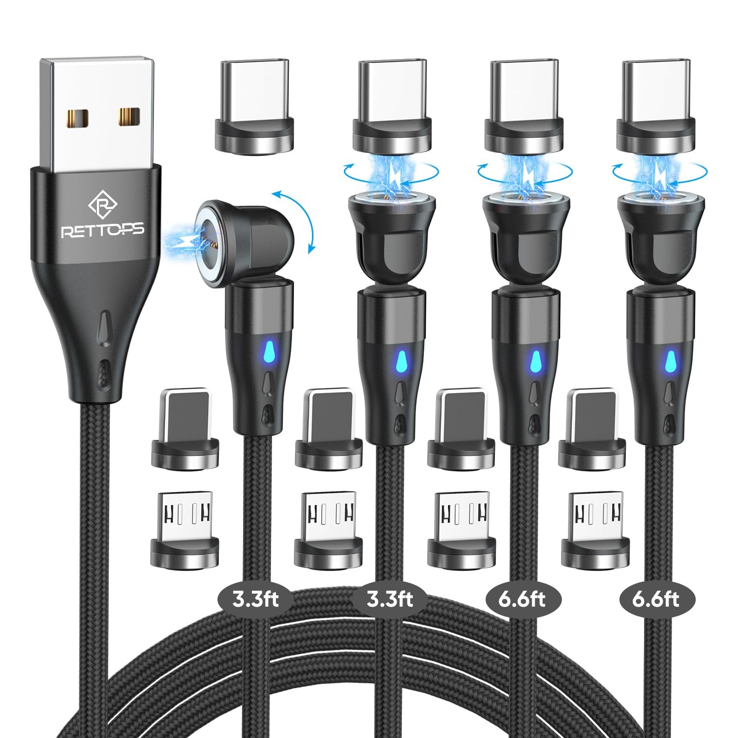 RETTOPS 540°, 7 pin Rotation USB Magnetic Charging Cable, 3 in 1 Charger [4-Pack, 3ft/3ft/6ft/6ft] 3A Fast Charging Cable Support Data Transfer Magnetic Charger Cable for iPhone/Micro USB/Type C