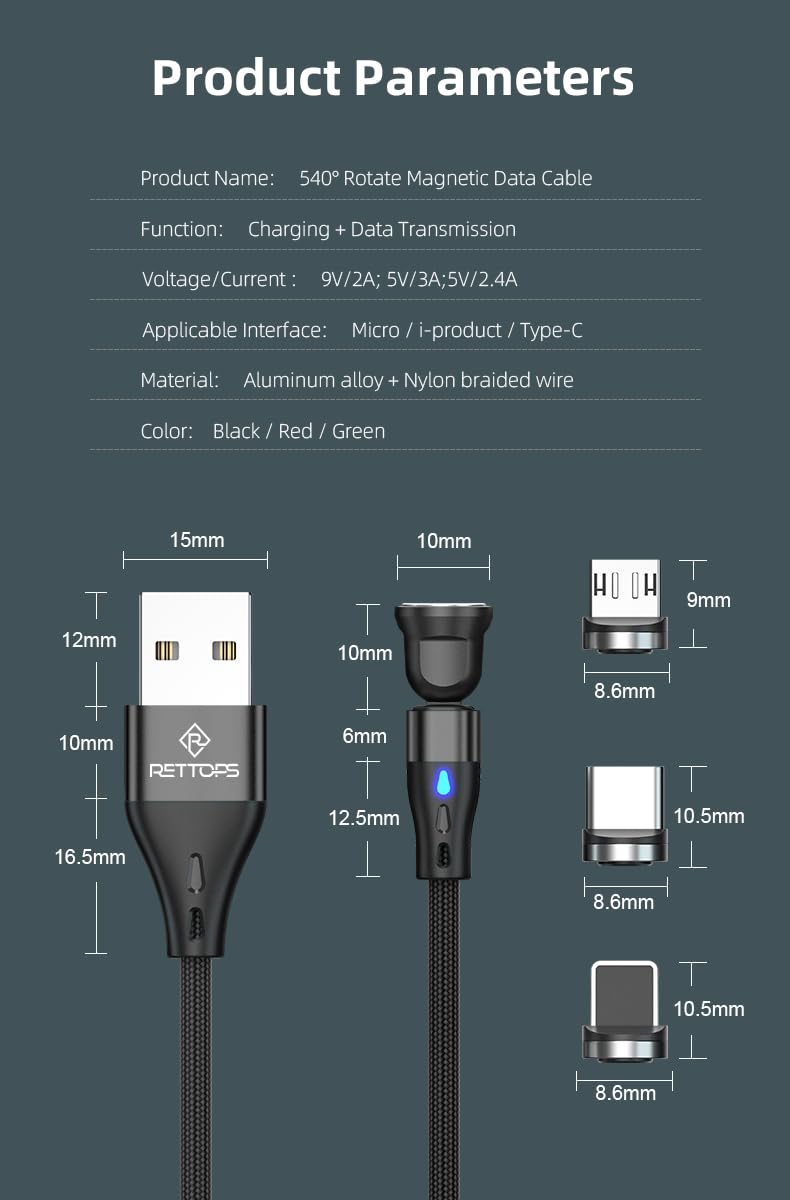 RETTOPS 540°, 7 pin Rotation USB Magnetic Charging Cable, 3 in 1 Charger [4-Pack, 3ft/3ft/6ft/6ft] 3A Fast Charging Cable Support Data Transfer Magnetic Charger Cable for iPhone/Micro USB/Type C