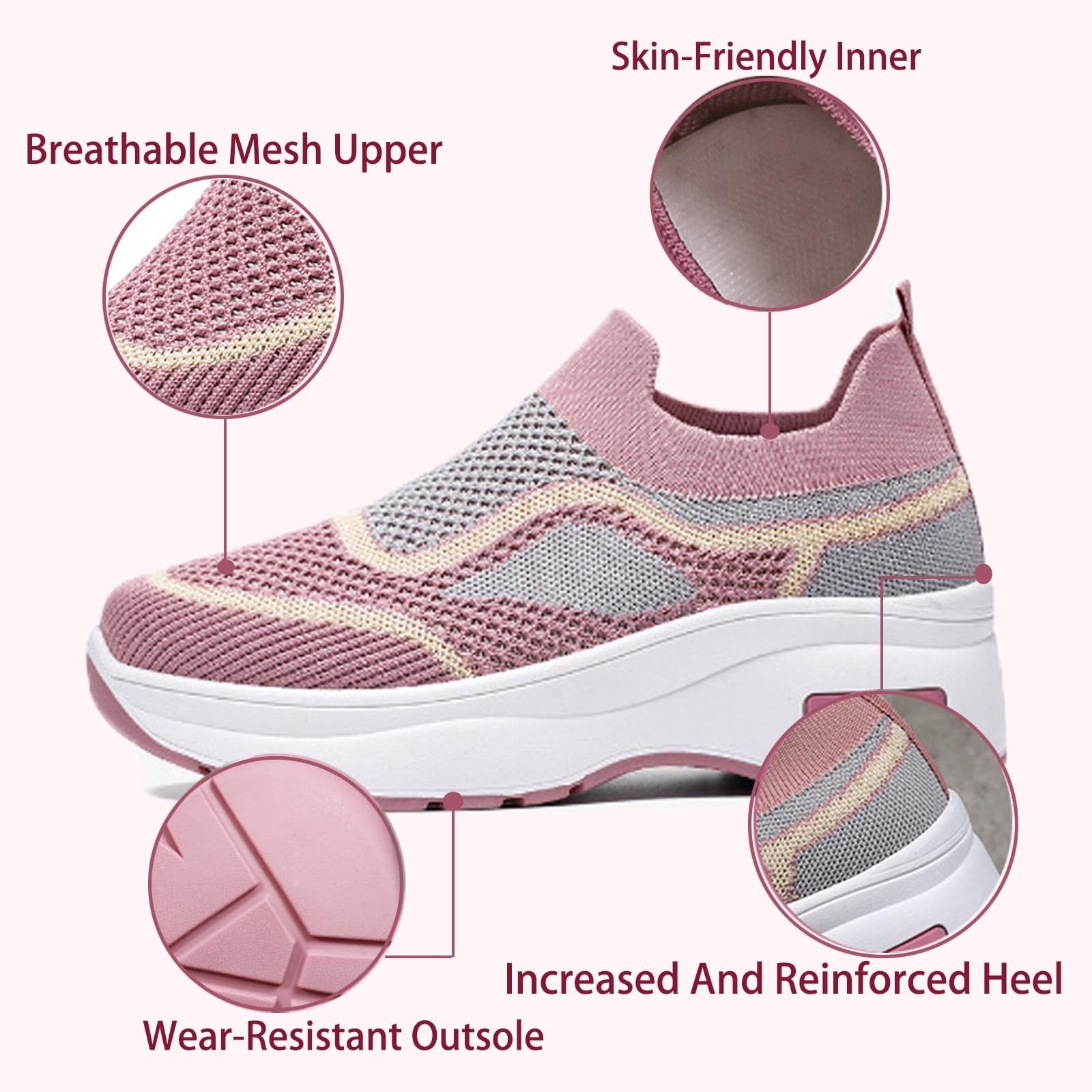 Gladtbser Women's Breathe Mesh Walking Sneakers Fashion Resistant Tennis Shoes Slip On Sock Sneakers Breathable Upper Comfort Platform Loafers (Pink,7)