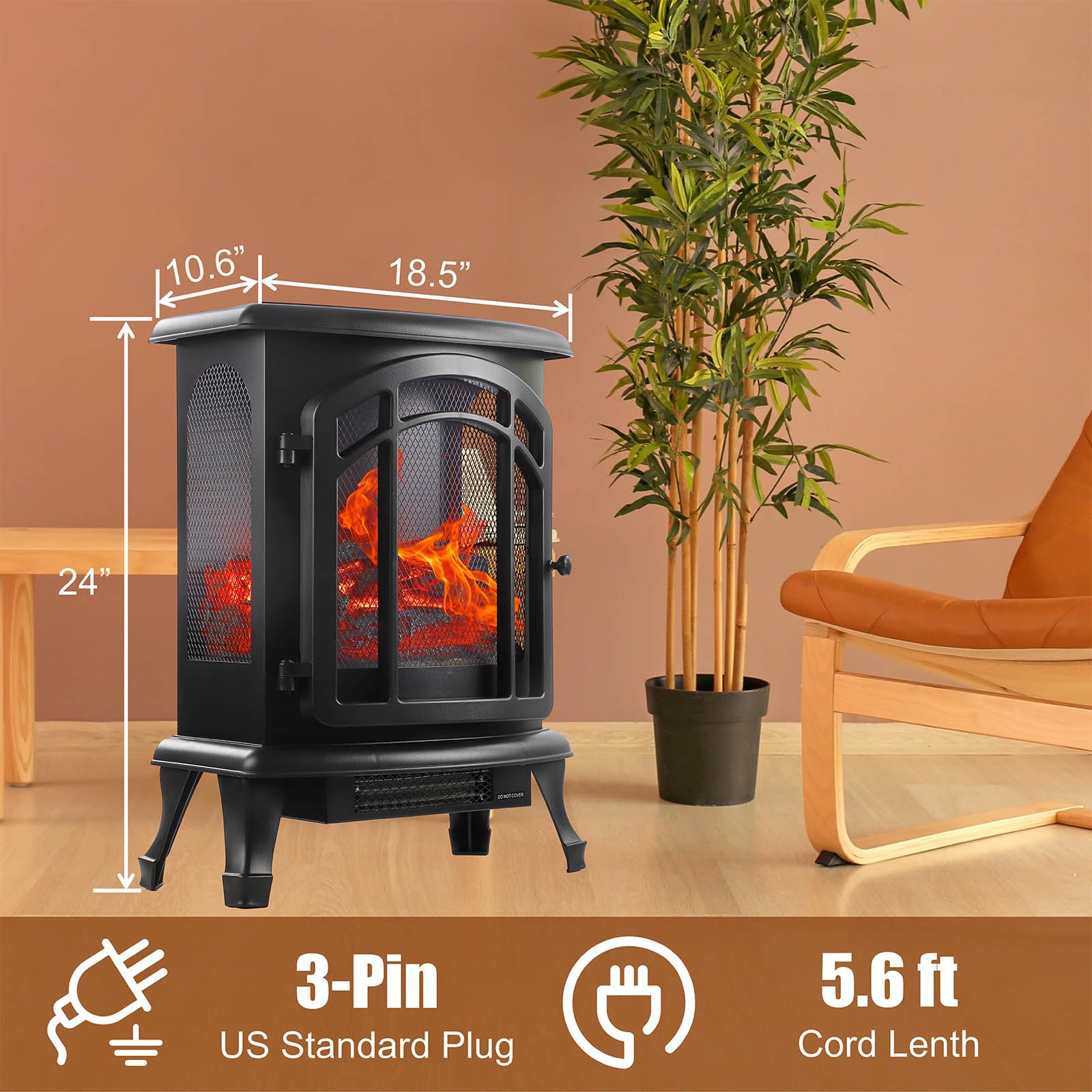 24"Electric Fireplace Heater, 1500w Electric Fire Place with 3D Flame Effect, Electric Wall Fireplace for the Living Room, Adjustable Infrared Heater, Overheat Protection, 400 Sq Ft Effective Space